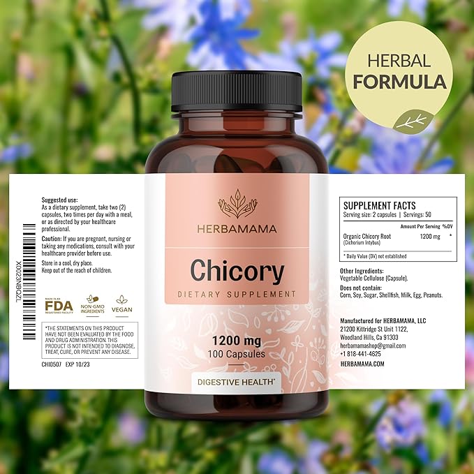 HERBAMAMA Chicory Root Fiber Capsules - 1200mg Chicory Root Powder for Gut Cleanse & Digestive Support - Vegan, Non-GMO Inulin Prebiotic Fiber Supplement
