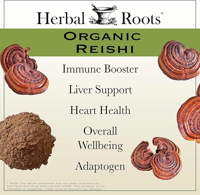 Herbal Roots Organic Reishi Capsules - Made with Fruiting Bodies - Support Energy, Vitality, Immune & Heart Health - 60 Vegan Capsules