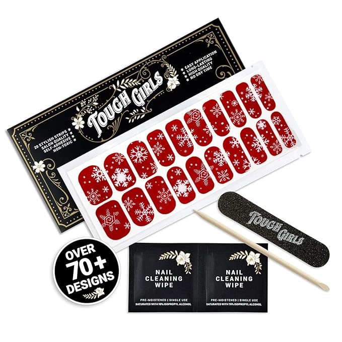 | 20 Exquisite Gel Nail Polish Strips w/Application Accessories - No UV/LED Lamp Required (Holiday | White Snow Flakes & Red)