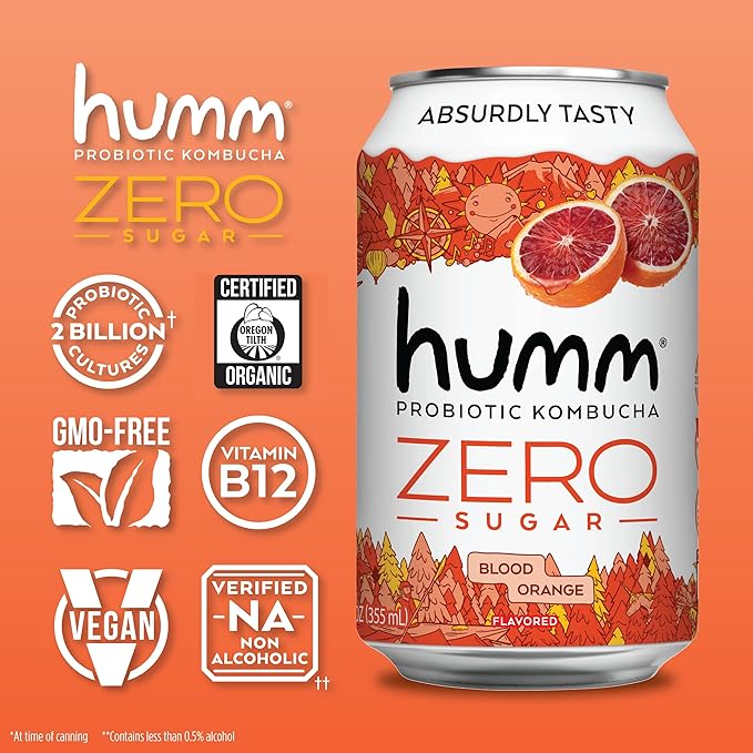 Humm Probiotic Kombucha Zero Sugar Blood Orange, No Refrigeration Needed, Keto Friendly, Organic, Vegan, Gluten Free, 12oz Cans (8 Pack)