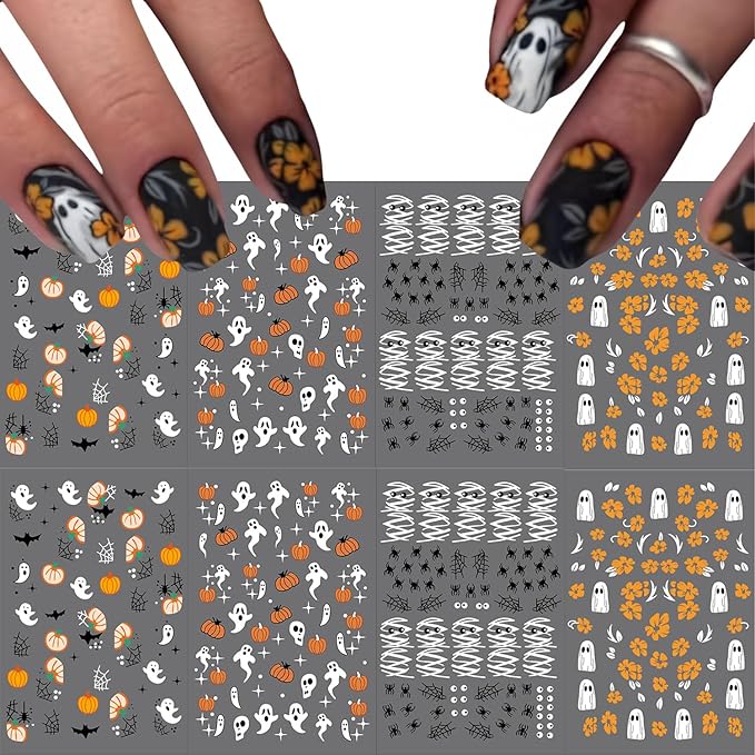 12 Sheets Halloween Nail Stickers Ghost Mummy Pumpkin Nail Decals Spider Bat Skull Designs Nail Decorations Halloween Cute DIY 3D Self-Adhesive Manicure Supplies for Women Girls