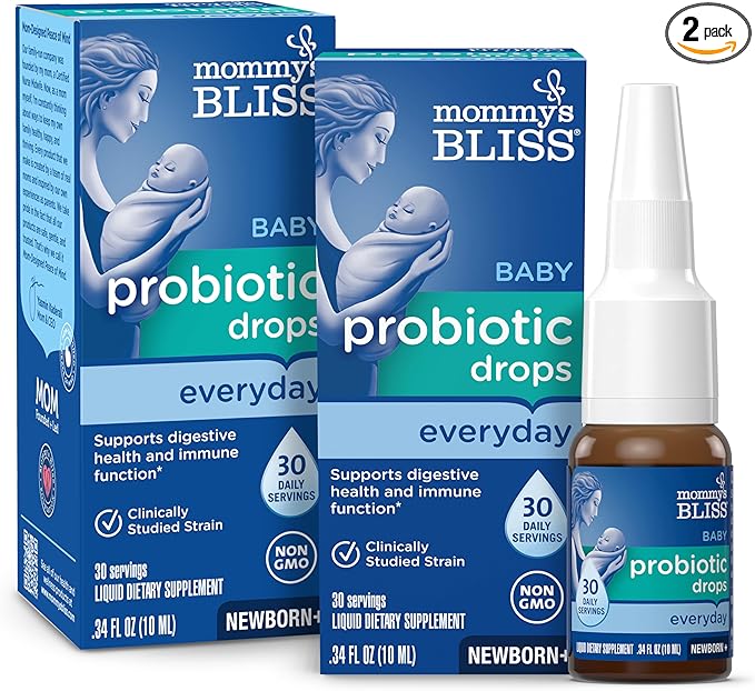 Mommy's Bliss Baby Probiotic Drops, Daily Gas, Constipation and Colic Symptom Relief + Immune Support, Newborns & Up, 0.34 Fl Oz (30 Servings), Pack of 2