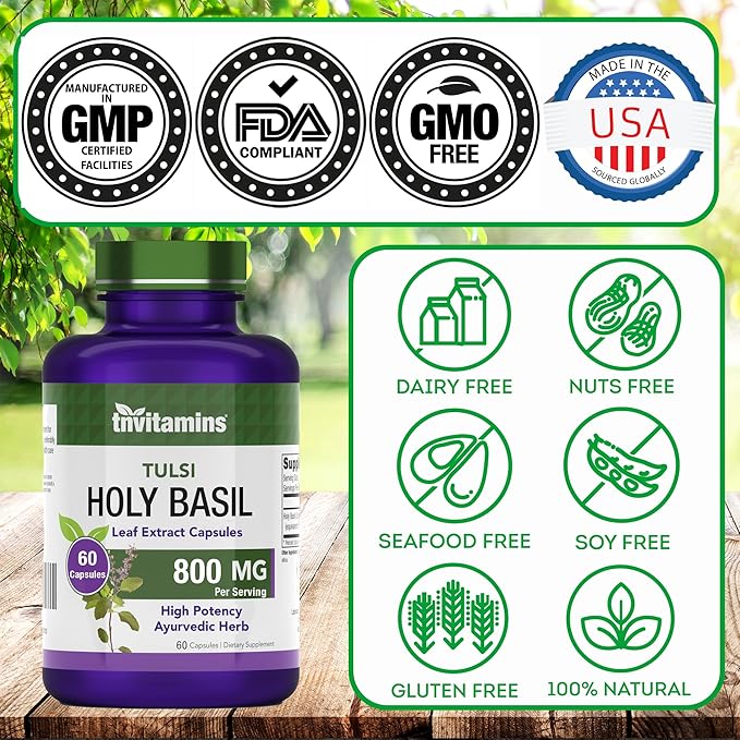 Holy Basil Capsules (800mg - 60 Capsules) | Holy Basil Tulsi Supplement | May Promote Stress & Frustration Relief* | Tulsi Holy Basil Leaf Extract | Made in The USA, Non-GMO!