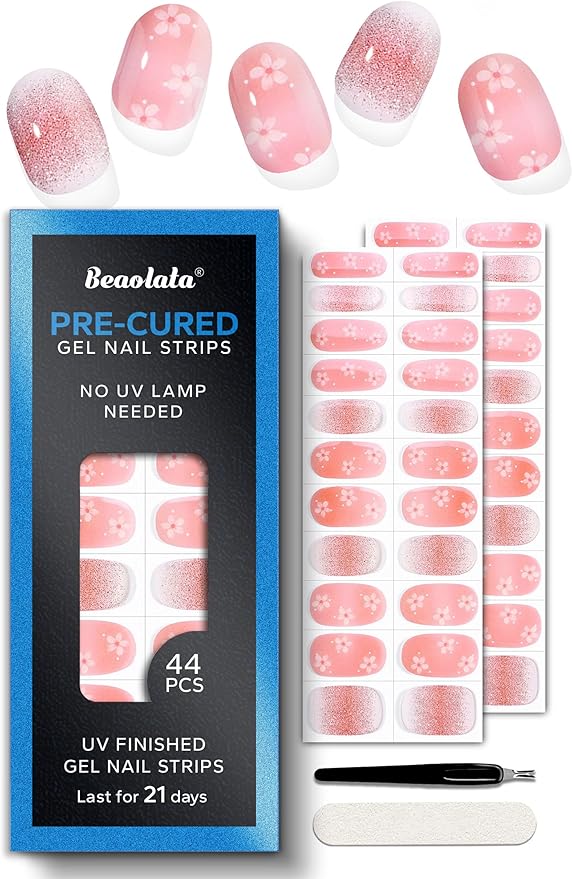 Pre Cured Gel Nail Strips - 44PCS Salon Quality Gel Nail Stickers - Long Lasting Polish Wraps for Women no UV Light Needed Easy Apply& Remove (BloomPink)