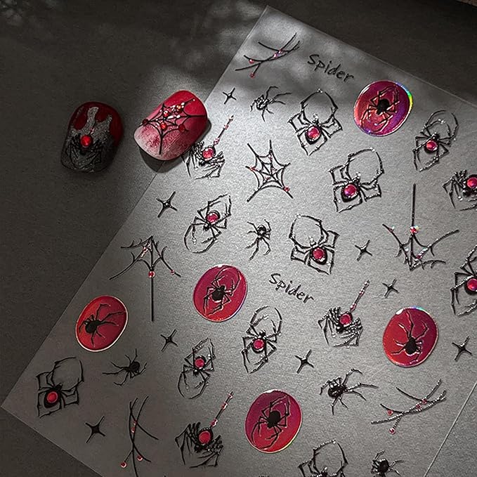 1Sheet Halloween Spider Nail Stickers for Nail Art Spider Web Nail Art Stickers 5D Embossed Halloween Nail Decals with Crystal Red Spider Web Nail Designs Manicure Decor for Women Manicure Supplies
