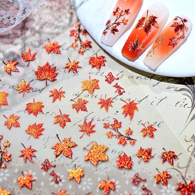 1 Sheet 5D Embossed Autumn Maple Leaves Nail Stickers for Nail Art Thanksgiving Day Nail Art Stickers Fall Nail Decals Red Glitter Maple Leaf Nails Design Nails Decoration DIY for Women Nail Supplies