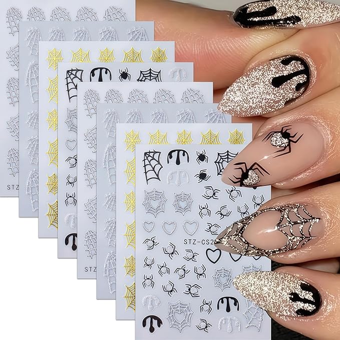 8 Sheets Halloween Nail Art Stickers 3D Self-Adhesive Shiny Gold White Silver Spider Web and Spider with Glitter Nail Art Design Sticker Festival Spiders Nail Stickers for DIY Manicure Decoration