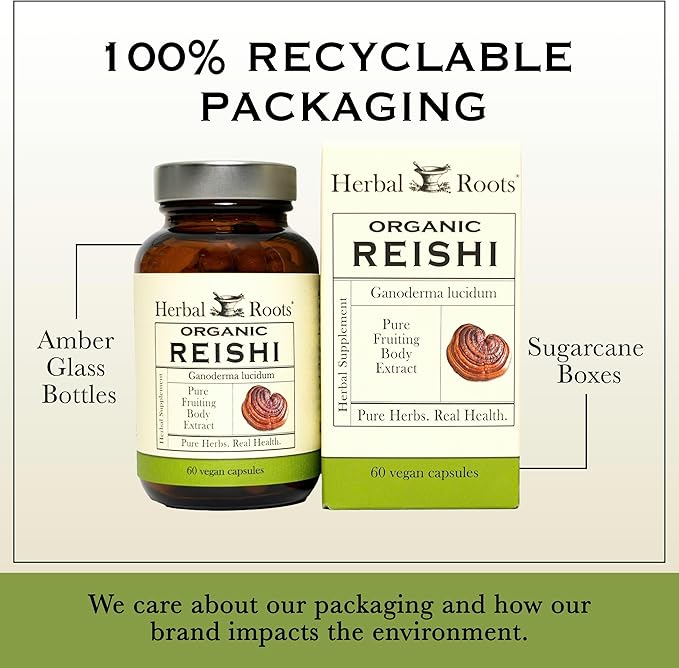 Herbal Roots Organic Reishi Capsules - Made with Fruiting Bodies - Support Energy, Vitality, Immune & Heart Health - 60 Vegan Capsules