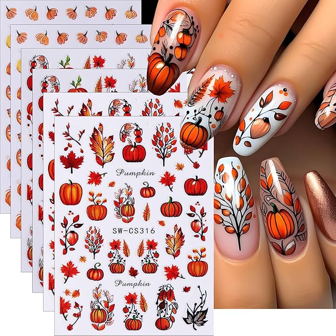 Fall Maple Leaves Nail Art Stickers for Thanksgiving, Fall Pumpkin Nail Decals 3D Self-Adhesive with Maple Leaves Design 6Pcs Fall Glitter Nail Art Supplies for Women Nail Decoration