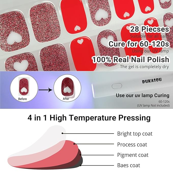 Semi Cured Gel Nail Strips, Heart Signal | 28 pcs Gel Nail Strips Work with Any UV Lamp, Salon Quality UV Nails Stickers, Easy to Apply for Home Nails DIY