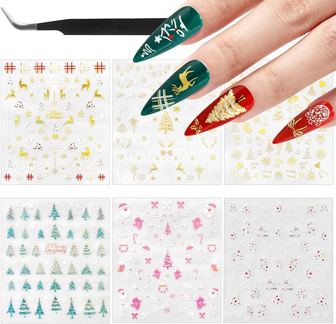 Allstarry Christmas Nail Stickers, 6 Sheets Christmas Nail Decals Chrome Gold Xmas Trees Snowflakes Snowman Reindeer Bow Winter Nails Sticker for Women Girl Gifts
