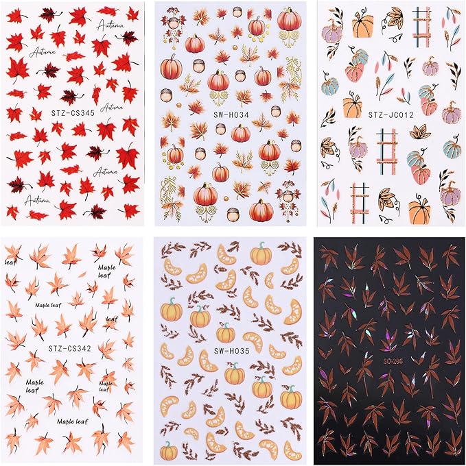 Maple Leave Nail Art Sticker Decals, Fall Pumpkin Maple Leaves Nail Stickers 6PCS Autumn Nail Decals for Nail Art Colorful Leaves Design Nail Supplies Elegant Self Adhesive Decals for Women Nail Decor