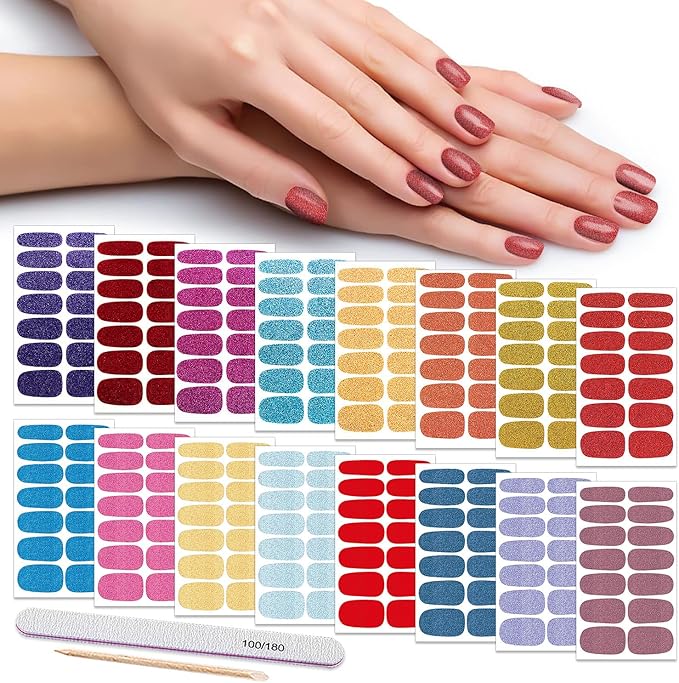 DANNEASY 16 Sheets Nail Wraps for Women Nail Polish Strips Solid Self Adhesive Gel Nail Stickers Gel Strips Nails Art Accessories with 1pc File, Cuticle Stick (Glitter)