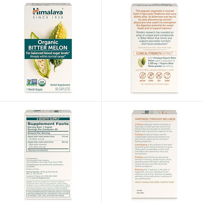 Himalaya Organic Bitter Melon - Herbal Glucose Metabolism Support - USDA Organic, Non-GMO, Vegan, Gluten Free, 660 mg, 60 Caplets (Pack of 2)