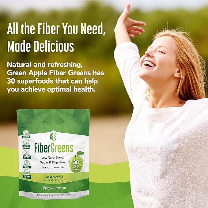 Green Apple Fiber Greens - Low-Carb Probiotics for Gut Health - Blood Function Support - Naturally Flavored Probiotic Formula with 30 Superfoods - Protects Heart Health, 30 Servings