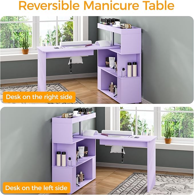 Manicure Table, L-Shaped Nail Tech Desk with Dust Collector, Reversible Rotating Table & Storage Shelf, Acetone Resistant Beauty Salon Station, Purple