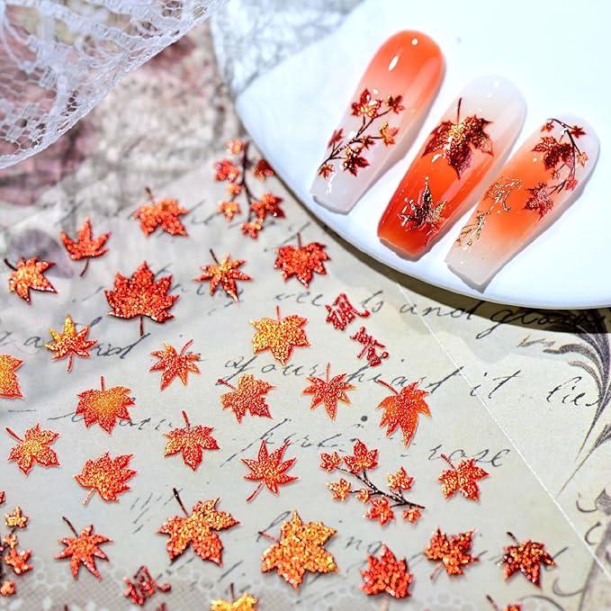1Sheet Autumn Maple Leaves Nail Art Stickers 5D Embossed Thanksgiving Nails Decals Self Adhesive Fiery Red Maple Leaf Nail Sticker with Glitter Designs Nail Decal for Women Nails Decoration Supplies