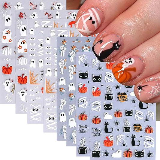 8 Sheets Cute Ghost Nail Stickers for Nail Art,5d Embossed Cute Ghost Nail Art Stickers Self Adhesive Pumpkin Spider Web Nail Decals Skeleton Flower Manicure Sliders for Women Nails Decorations