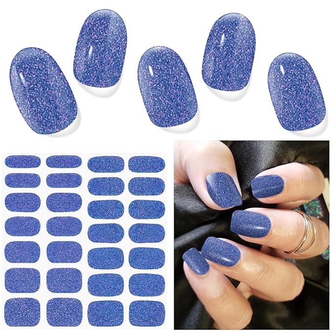 Semi Cured Gel Nail Strips (Glitter Deep Sea Blue), 28 pcs UV Gel Nail Stickers for Women Work with Any UV Lamps, Salon Quality Nails Wraps for Home DIY Nails Art