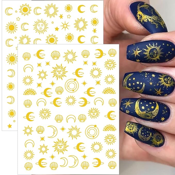 12 Sheets Sun Moon Star Nail Art Stickers Decals, 3D Self-Adhesive Fashion Trendy Minimalist Colorful Rose Gold Pegatinas Uñas Design, DIY Manicure Decoration Supplies Accessories for Women Girls