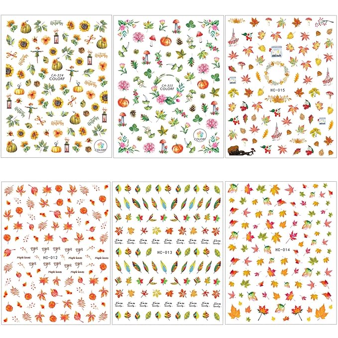 1000+ Patterns Autumn Nail Art Decals Fall 3D Nail Self-Adhesive Stickers Harvest Pumpkin Maple Leaves Sunflower Squirrel for Women Girls Kids DIY Nail Design Manicure Thanksgiving Day