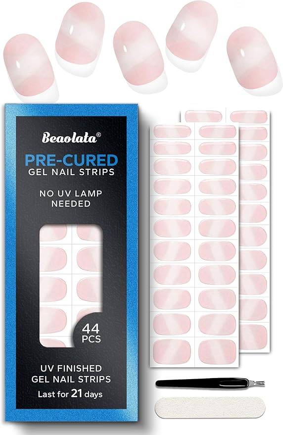 Pre Cured Gel Nail Strips - 44PCS Salon Quality Gel Nail Stickers - Long Lasting Polish Wraps for Women no UV Light Needed Easy Apply& Remove (Chic Pink）
