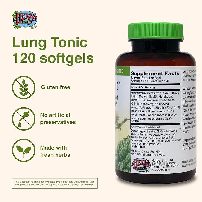 Herbs Etc. Lung Tonic - Lung Supplement for Bronchial Support - Healthy Breathing Support with Mullein, Horehound & Grindelia - 120 Softgels - 2 Pack
