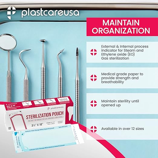 Self Sealing Sterilization 1000 Pouches 3.5" x 10" - Latex-Free, Color Changing Indicator (5 Boxes of 200) by PlastCare USA