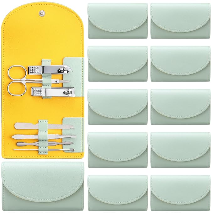 12 Set Manicure Set Bulk Mini Manicure Nail Clipper Kit 7 in 1 Stainless Steel Professional Nail Care Pedicure with Travel Portable Bag Grooming Kits for Christmas Women Men Home(Light Green)