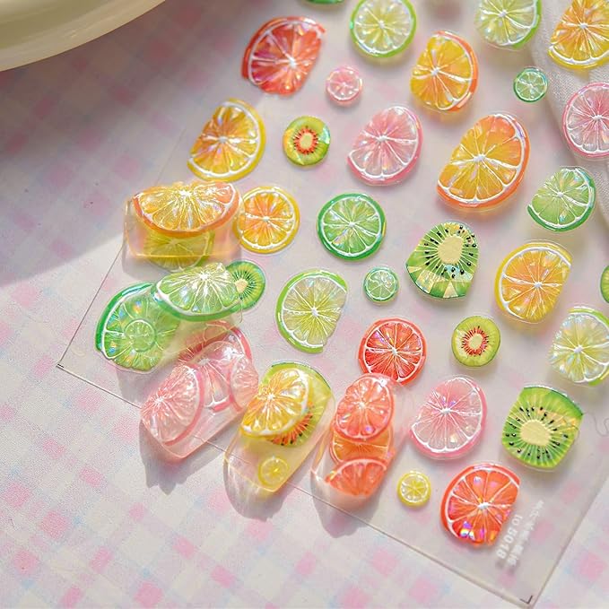 Summer Nail Art Stickers 5D Embossed Fruit Style Nail Decals Lemon Kiwifruit Self-Adhesive Nails Design Summer Nail Stickers Manicure Supply for Women DIY Nail Art Decorations