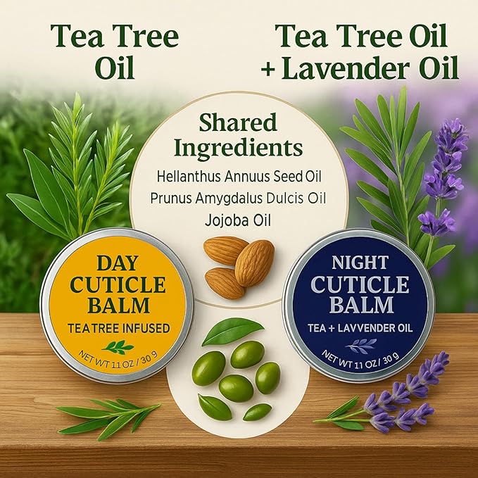 Tea Tree Oil Cuticle Balm Day & Night Set - Cuticle Cream & Butter for Dry, Damaged Cuticles - Includes Cuticle Brush for Easy Application - Cuticle Healing Treatment Moisturizer, 1.1 OZ 2PK