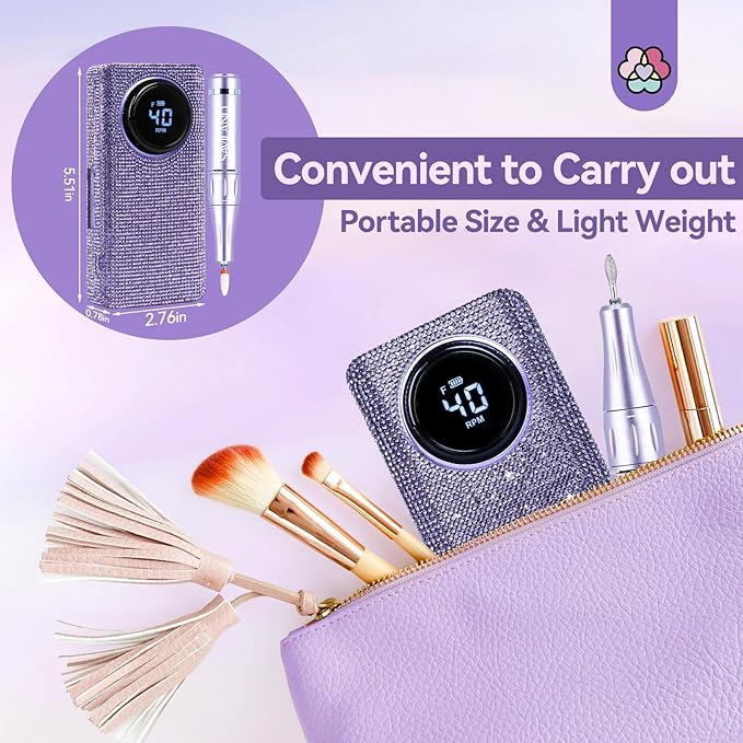 SAVILAND High Speed Nail Drill 40000 RMP: Diamond Shiny Electric Nail File 2600 mAh Rechargeable Nail Drill Kit for Thick Acrylic Nails Removal with Ceramic Drill Bits Sanding Bands Nail Tech Salon