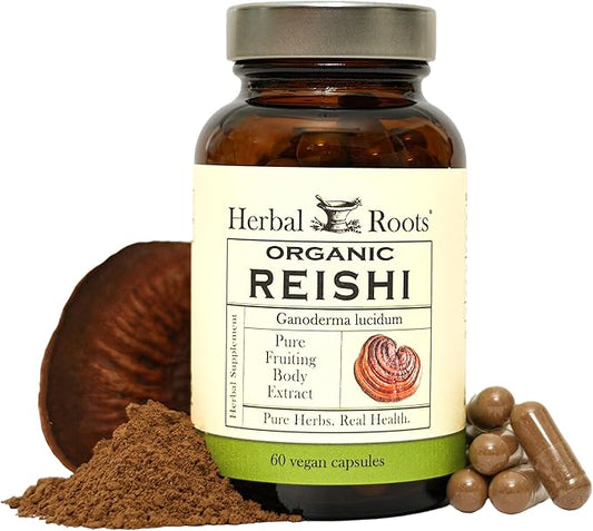 Herbal Roots Organic Reishi Capsules - Made with Fruiting Bodies - Support Energy, Vitality, Immune & Heart Health - 60 Vegan Capsules