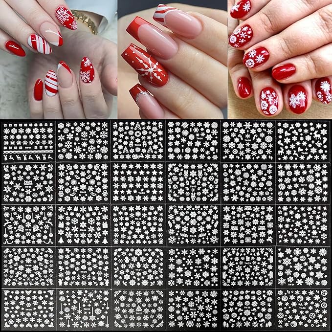 90 Sheets 3D Self Adhesive Nail Decals - Santa Claus, Christmas Tree, Snowflake Nail Art Stickers - Cute Christmas Nail Art Supplies for Women Manicure Decorations