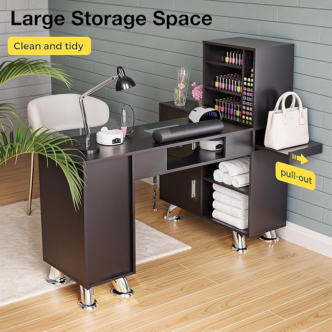 Manicure Table Nail Station w/Dust Collector - L-Shaped Nail Tech Table with Shelves, Storage Cabinets, Drawers, Metal Handles & Legs, Salon Wrist Rest, Beauty Salon Workstation Decor (Black)