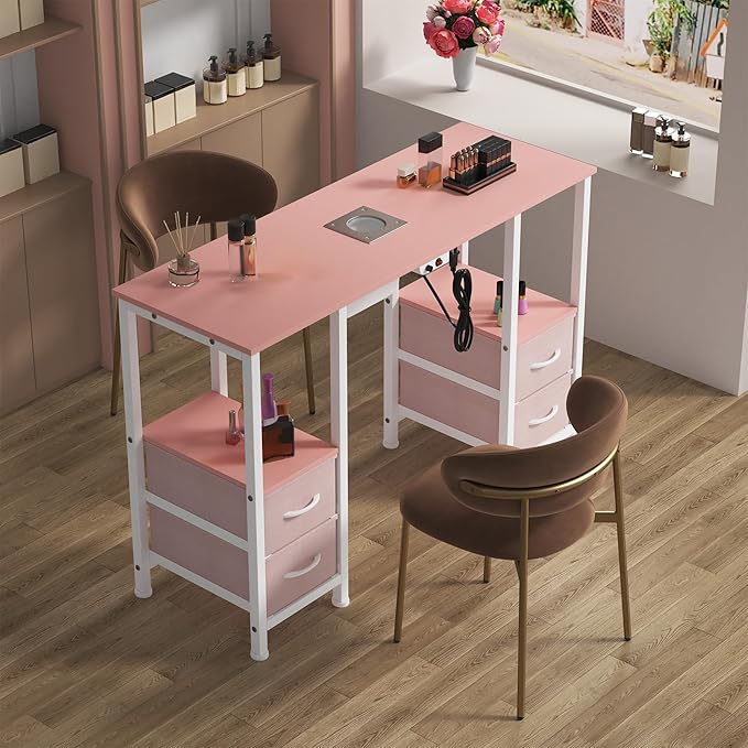 Manicure Table for Nail Tech, Nail Tech Table Station w/4 Storage Drawers & 2 Open Shelves, Nail Table w/Dust Collector for Beauty Salon Tech Station (Pink)