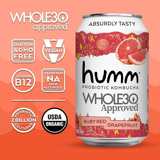Humm Whole30 Approved Kombucha, Ruby Red Grapefruit, Organic, Vegan & GMO Free (12 Pack)