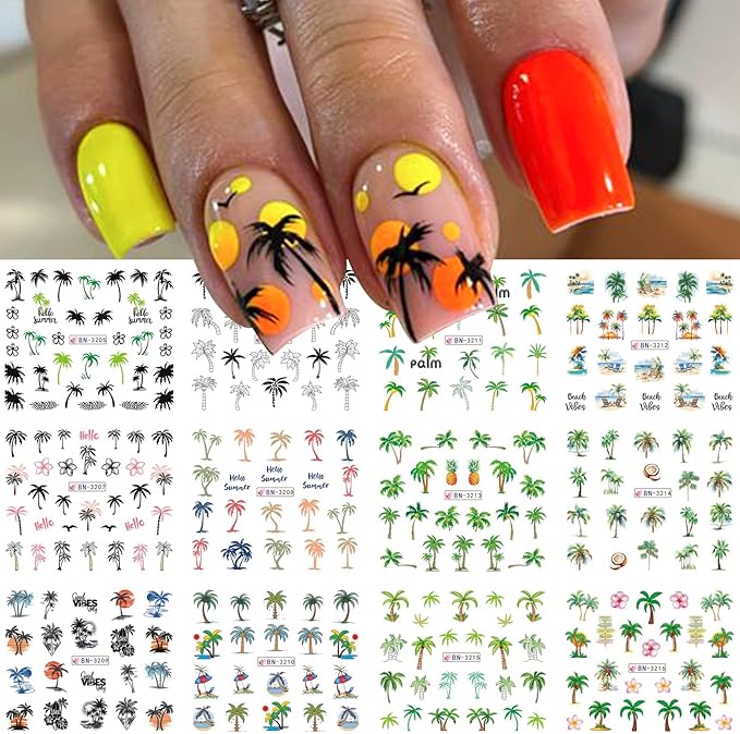 Flamingo Nail Water Decals Stickers 48 Designs Tropical Summer Nail Art Stickers DIY Watermark Fingernails Supply Colorful Flower Leaves Coconut Tree Nail Art Decoration Manicure Accessories 4 Sheets