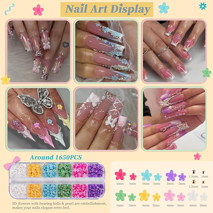 Nail Rhinestones , AB Crystal Nail Gems Flat Back Nail Rhinestones with Nail Pearls Star Heart Bows FLower Nail Charms and Rhinestone Picker Tools for Kwaii Y2K Nail Art Decor - 3 Boxes