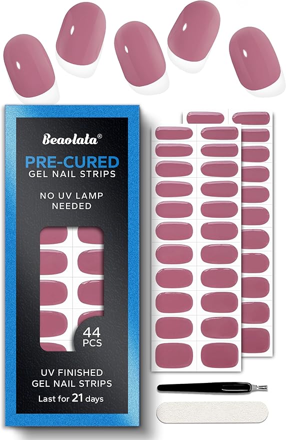 Pre Cured Gel Nail Strips - 44PCS Salon Quality Gel Nail Stickers - Long Lasting Polish Wraps for Women no UV Light Needed Easy Apply& Remove (Sultry Purple)