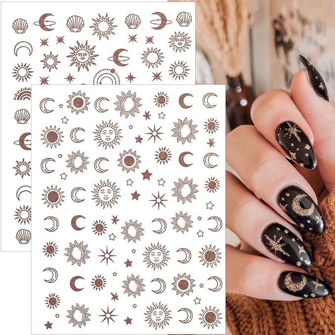 12 Sheets Sun Moon Star Nail Art Stickers Decals, 3D Self-Adhesive Fashion Trendy Minimalist Colorful Rose Gold Pegatinas Uñas Design, DIY Manicure Decoration Supplies Accessories for Women Girls