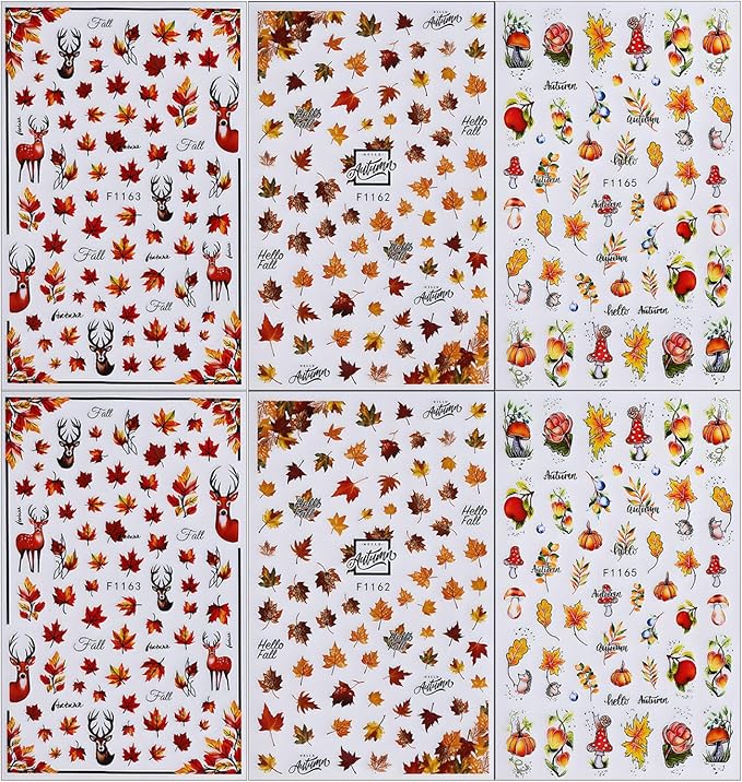 Fall Maple Leaves Nail Art Stickers for Thanksgiving, Maple Leaves Nail Decals 3D Self-Adhesive with Deer Pumpkin Flower Mushroom Design 6Pcs Nail Art Supplies for Women Nail Decoration