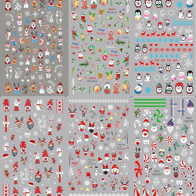 HNUIX Nail Stickers - Christmas 3D, Self Adhesive Nail Decals, Multi Colour Pattern, 10 Sheets, for Nail Art