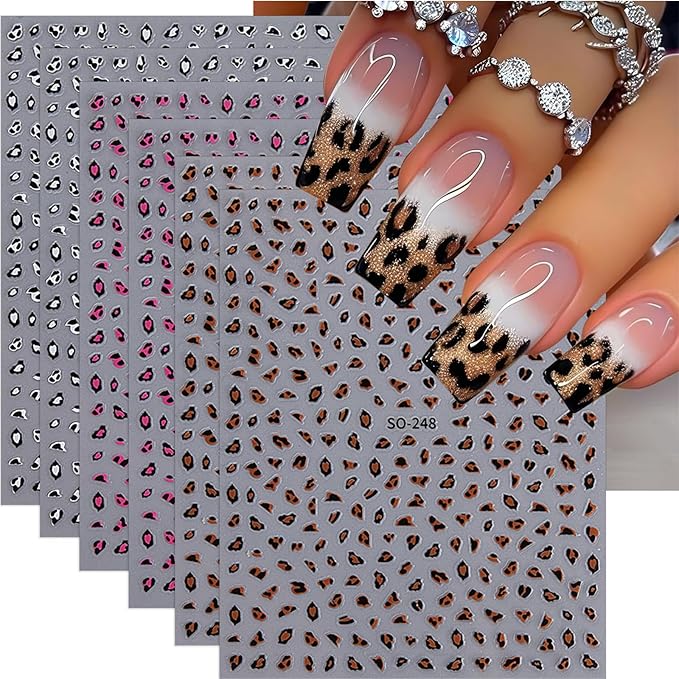 Leopard Nail Stickers Fall Nail Decals 6PCS 3D Self-Adhesive Pink White Brown Leopard Print Nail Design Stickers Cute Autumn Nail Art Supplies Fall Nail Art Sticker for Women DIY Nail Decorations