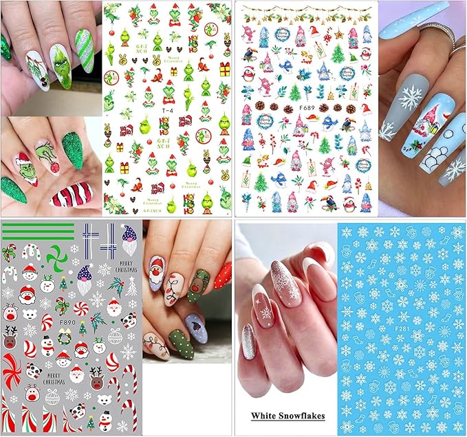10 Sheets Christmas Nail Stickers 3D Xmas Decals Winter White Snowflake Santa Claus Snowman Bell Reindeer for Women Girls Christmas Designs Decoration Charms