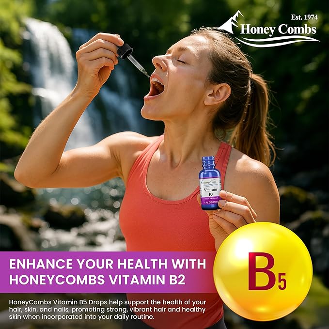 HoneyCombs Vitamin B5 Pantothenic Acid Supplement Liquid Drops - High Potency Vitamin B5 for Men & Women - Maintain Healthy Hormones, Immune System, Hair, Skin, Nails - Vegan Liquid Vitamins (1 Fl oz)