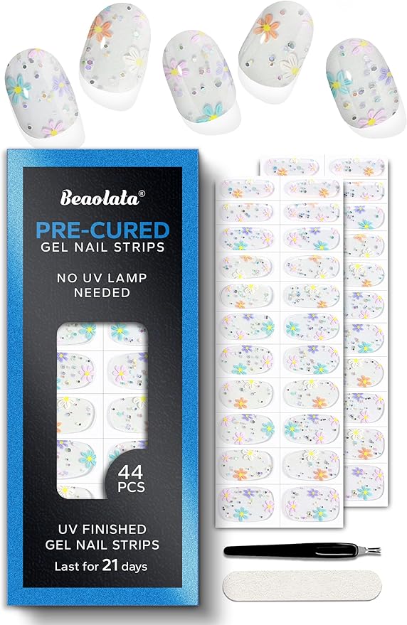 Pre Cured Gel Nail Strips - 44PCS Salon Quality Gel Nail Stickers - Long Lasting Polish Wraps for Women no UV Light Needed Easy Apply& Remove (Flower Sliver)