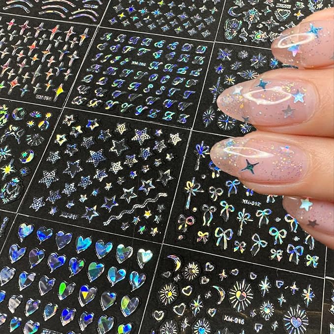 90Sheets Nail Stickers for Nail Art Decals White Flower Gold Aurora Star Moon Heart Line Nail Art Designs 3D Self-Adhesive Nails Supplies with Nail Tweezer for Women Girls Nails Decoration