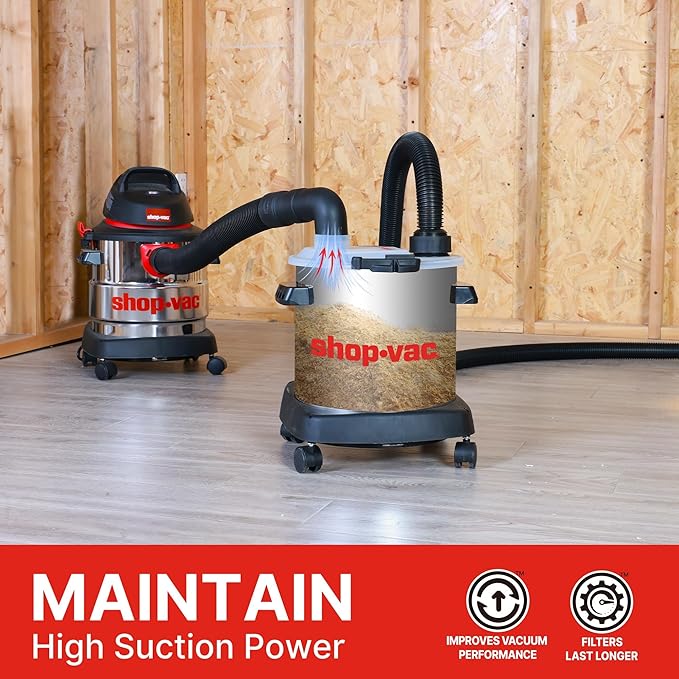 Shop-Vac Dust Collector with 5 Gallon Stainless Steel Tank, Movable Bucket for Woodworking, Easy Disposal of Dust & Debris, Prolong Filters Life, Elbow Fittings, 2-1/2" Hose and Filter Included