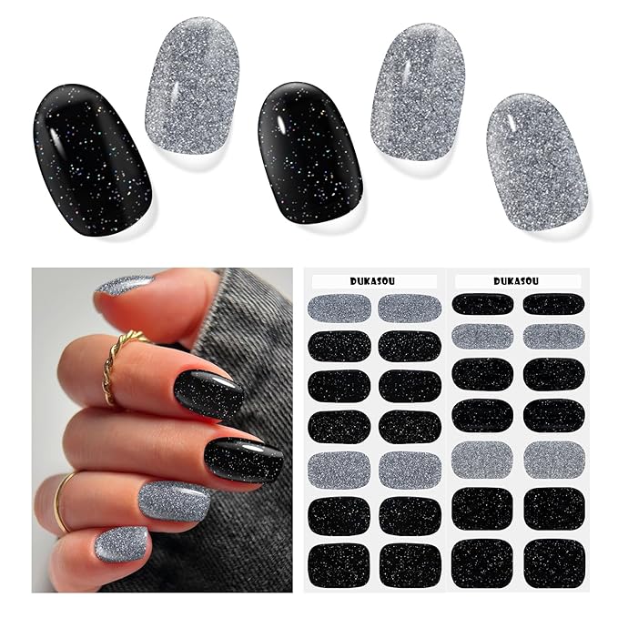 Semi Cured Gel Nail Strips,28 PCS Nail Art Stickers (Shiny Black Silver),Gel Stickers for Nails UV Light, Includes Prep Pads, Nail File & Wood Stick